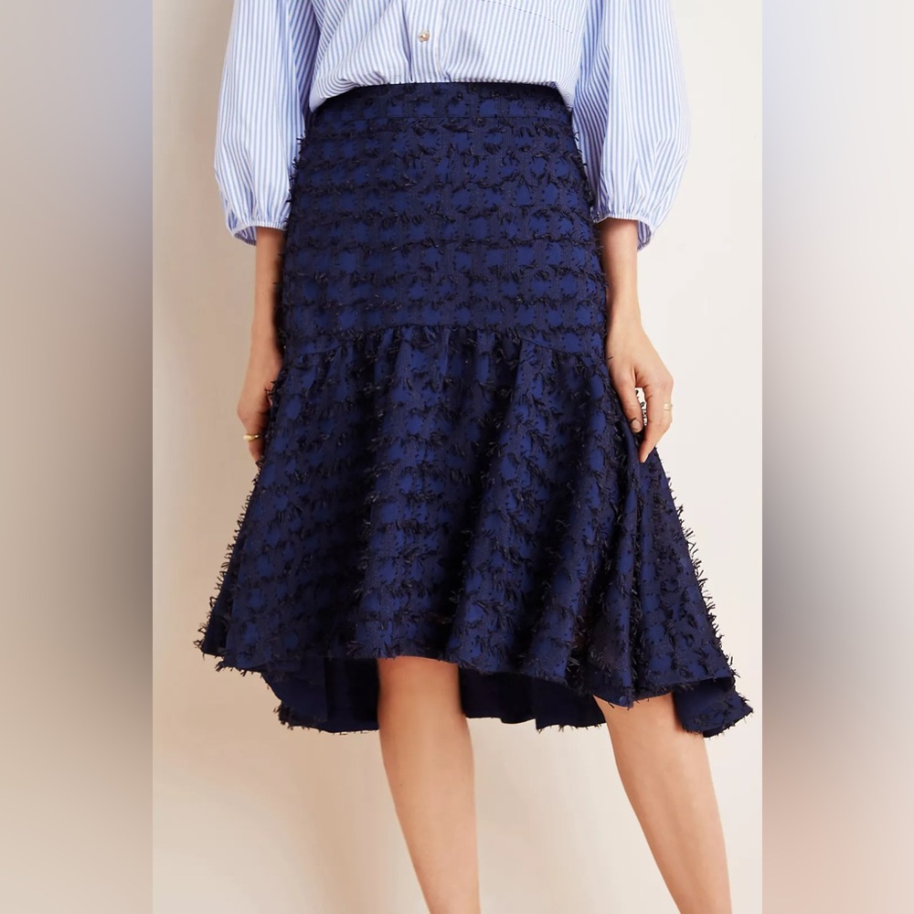 Anthropologie Maeve Miranda Textured Midi Skirt Hi-Low Dark Blue Sz Small Lined